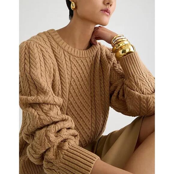 J. Crew Tan Chunky Cable Knit Sweater Women's Size Small Crew Neck 100% Cotton - Picture 1 of 9